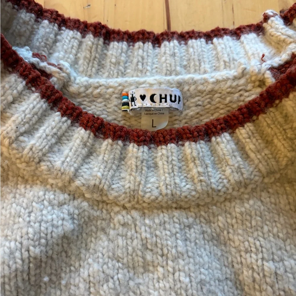 Smartwool Beige Crewneck Sweater with Burgundy & Pink Geometric Pattern - Picture 2 of 4